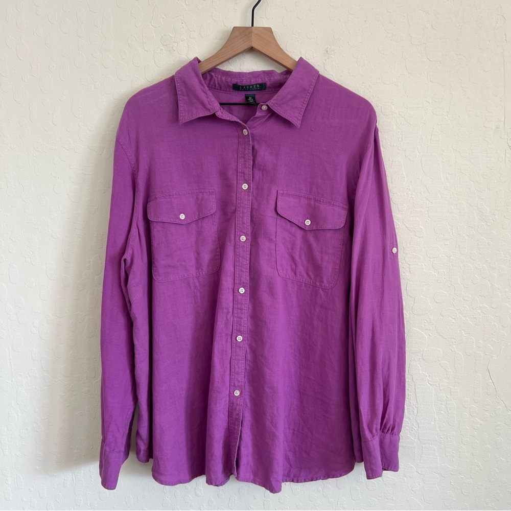 Lauren Ralph Lauren Linen Roll Tab Sleeve Button Down Shirt Plus Size 3X Purple